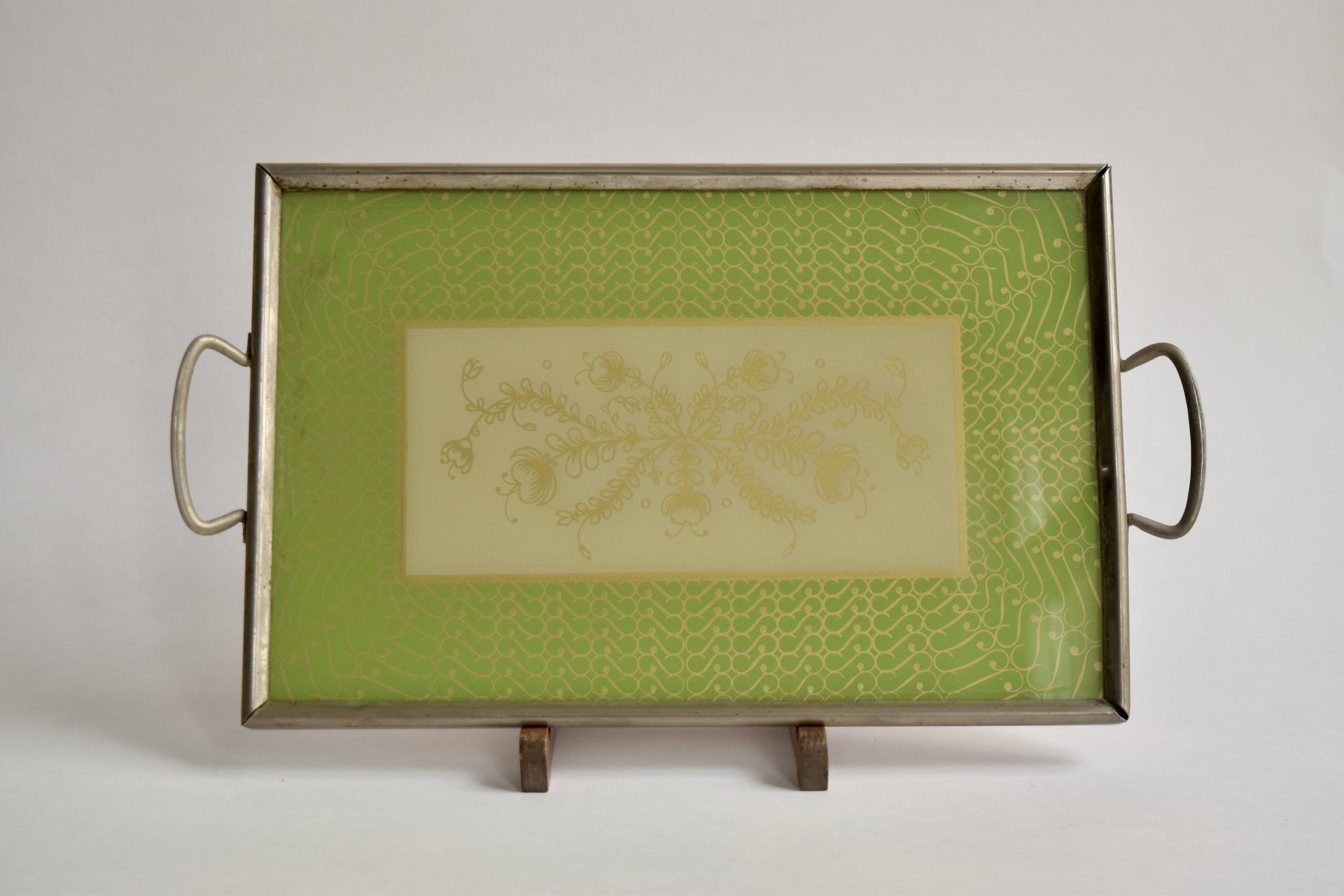 Old glass and metal serving tray - hand-painted floral decoration