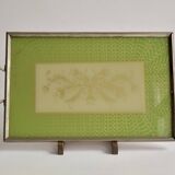 Old glass and metal serving tray - hand-painted floral decoration