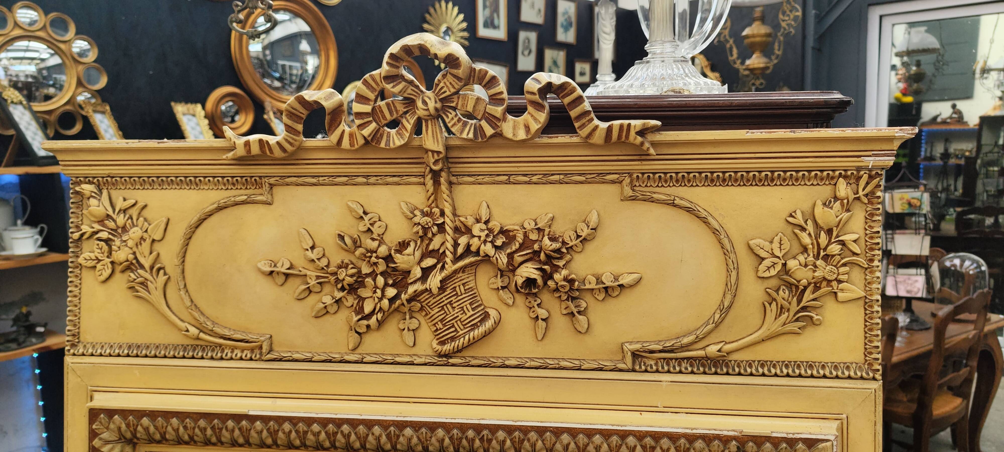 Old large Louis XVI style trumeau mirror with pediment and floral basket knot