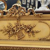 Old large Louis XVI style trumeau mirror with pediment and floral basket knot