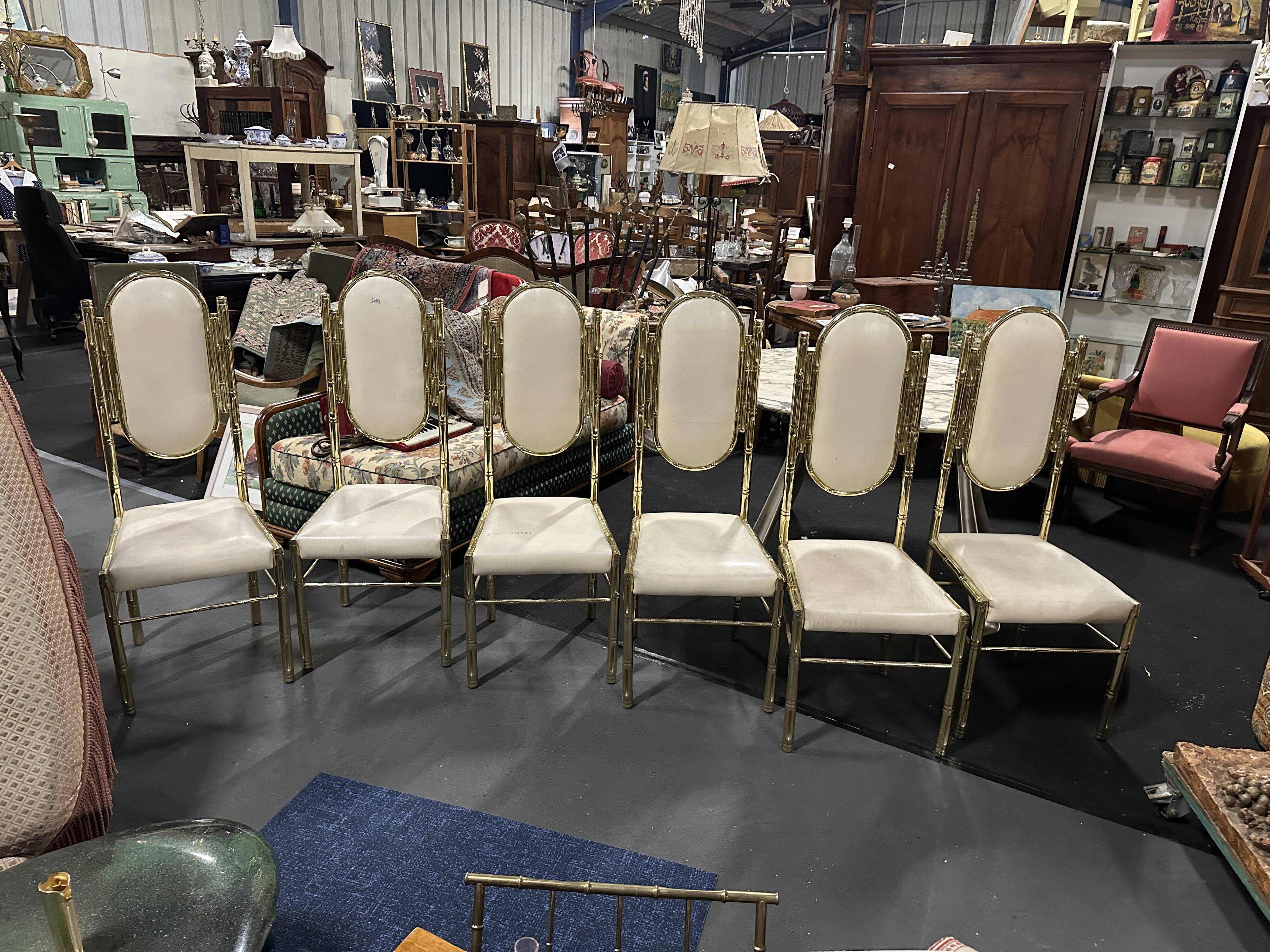 Set of 6 Bamboo chairs in brass 1980