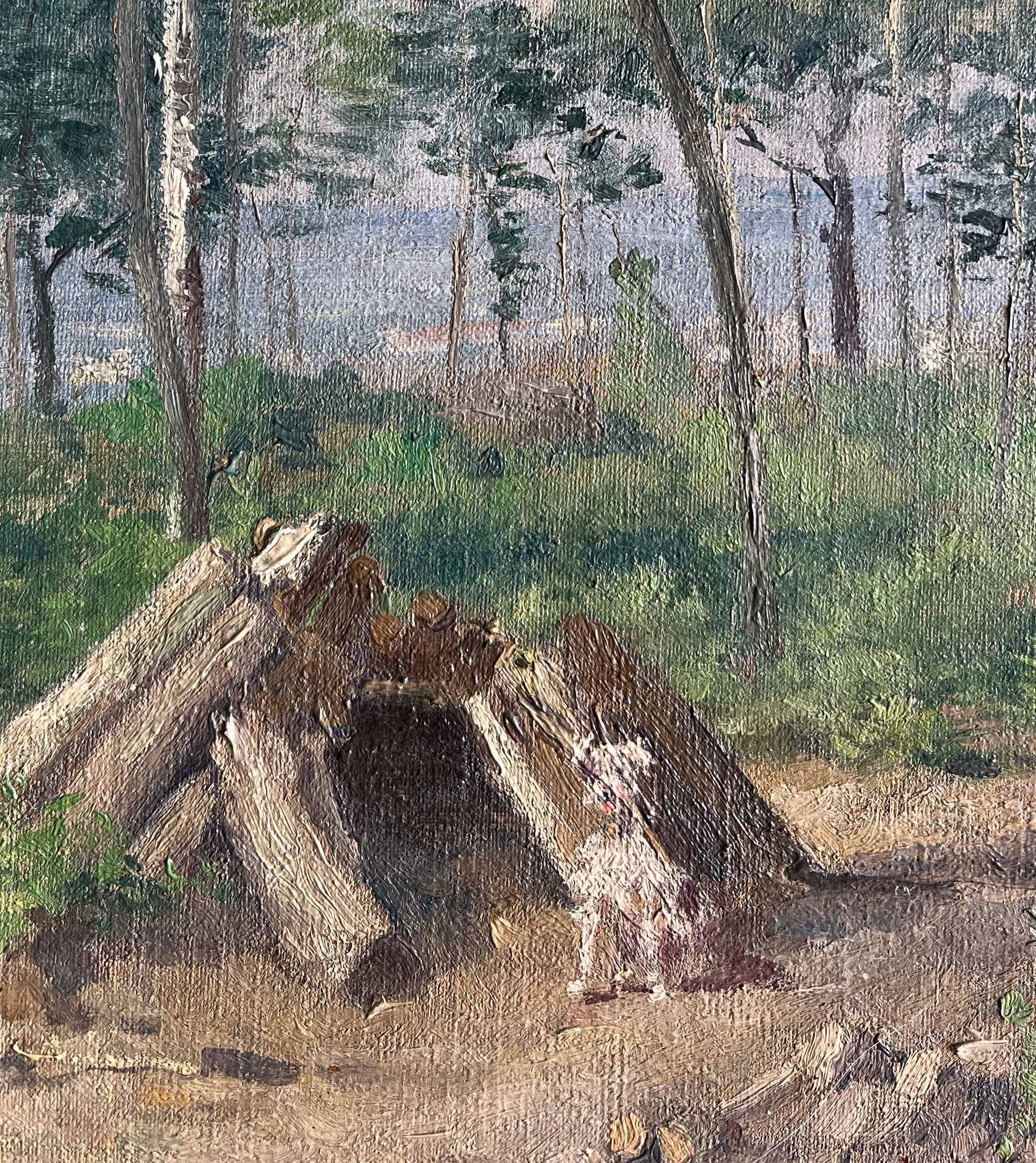Tableau hst "forest with cabin" lumberjack forestry early 20th century