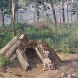 Tableau hst "forêt avec cabane" bucheron sylviculture début xx°