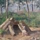 Hst painting "forest with cabin" lumberjack forestry early 20th century