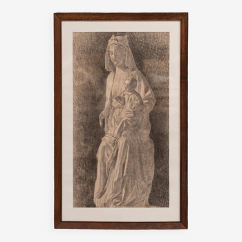 Charcoal drawing statue of Virgin and Child Fine Arts early 20th century