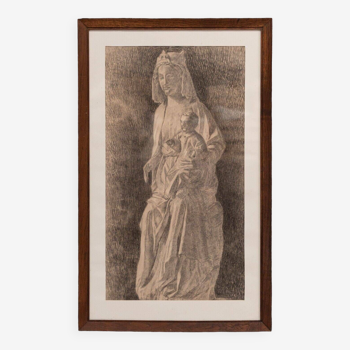 Dessin fusain statue de Vierge à l'Enfant Beaux-Arts début XXe