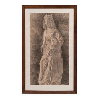 Dessin fusain statue de Vierge à l'Enfant Beaux-Arts début XXe