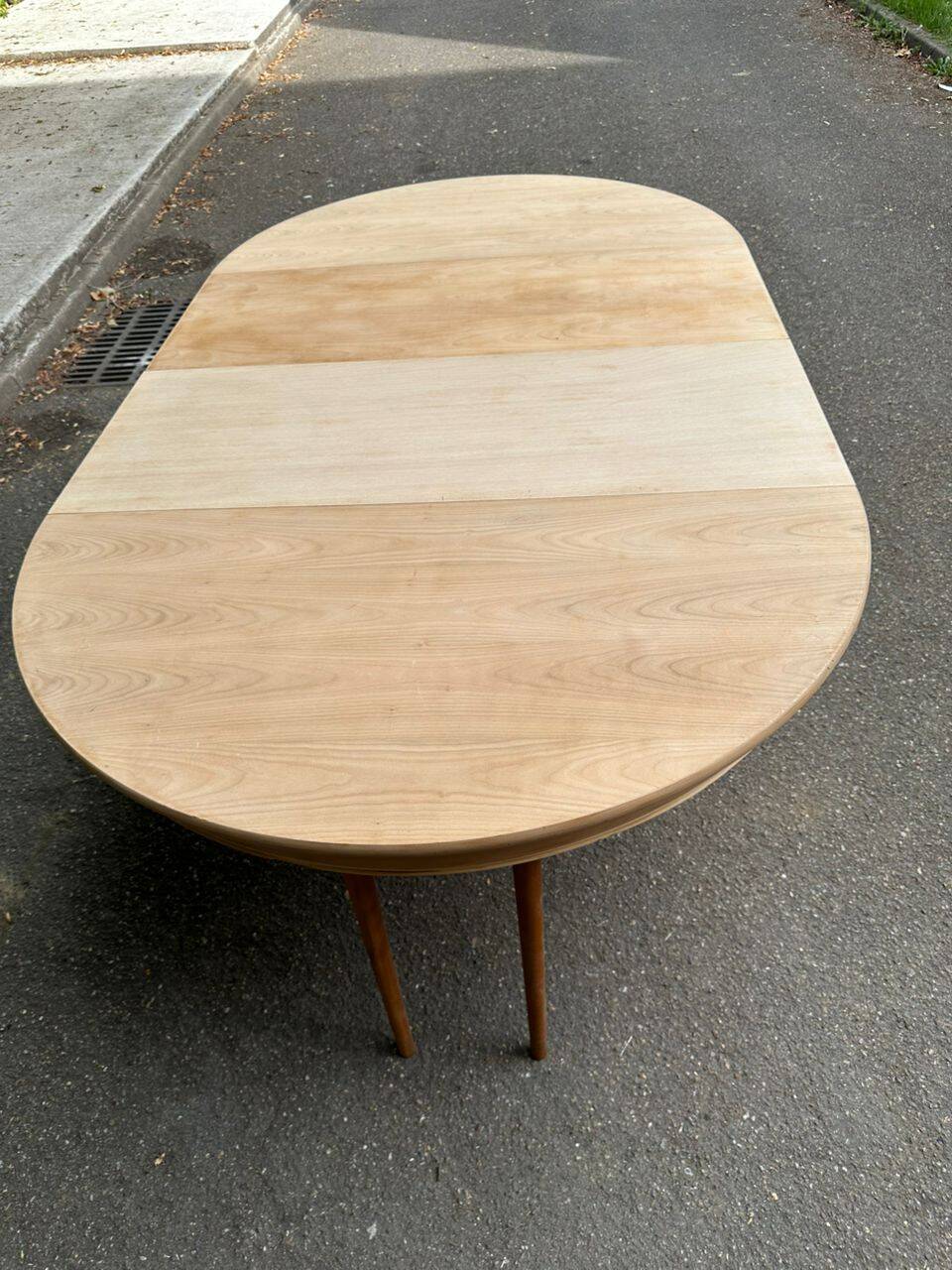 Table à manger ronde extensible rénovée pied central tripode bois 115-205cm