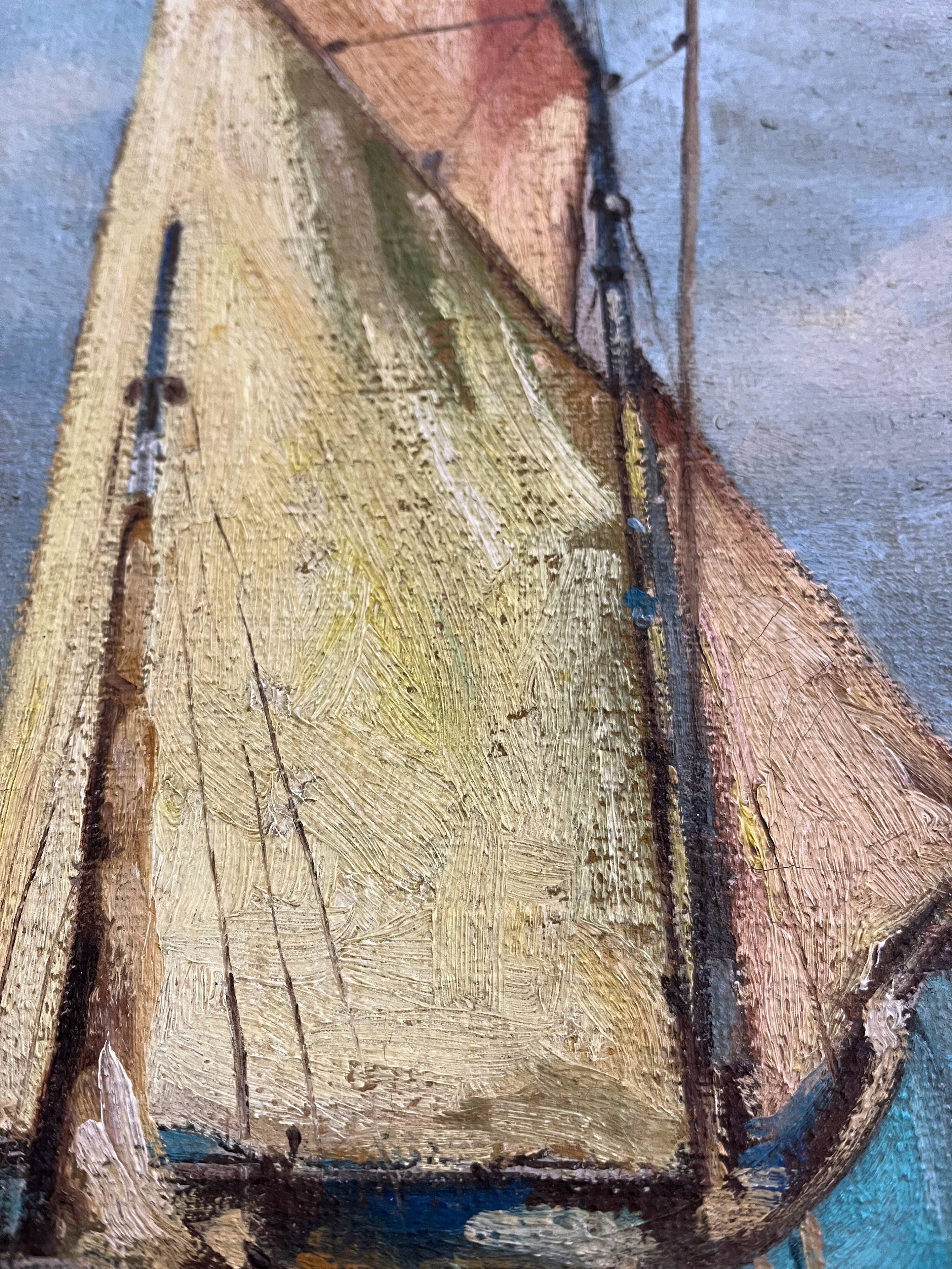 HST Marine painting "Sailboats in port" early 20th century signed