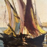 Huile impressionniste ancienne d’un port de Méditerranée