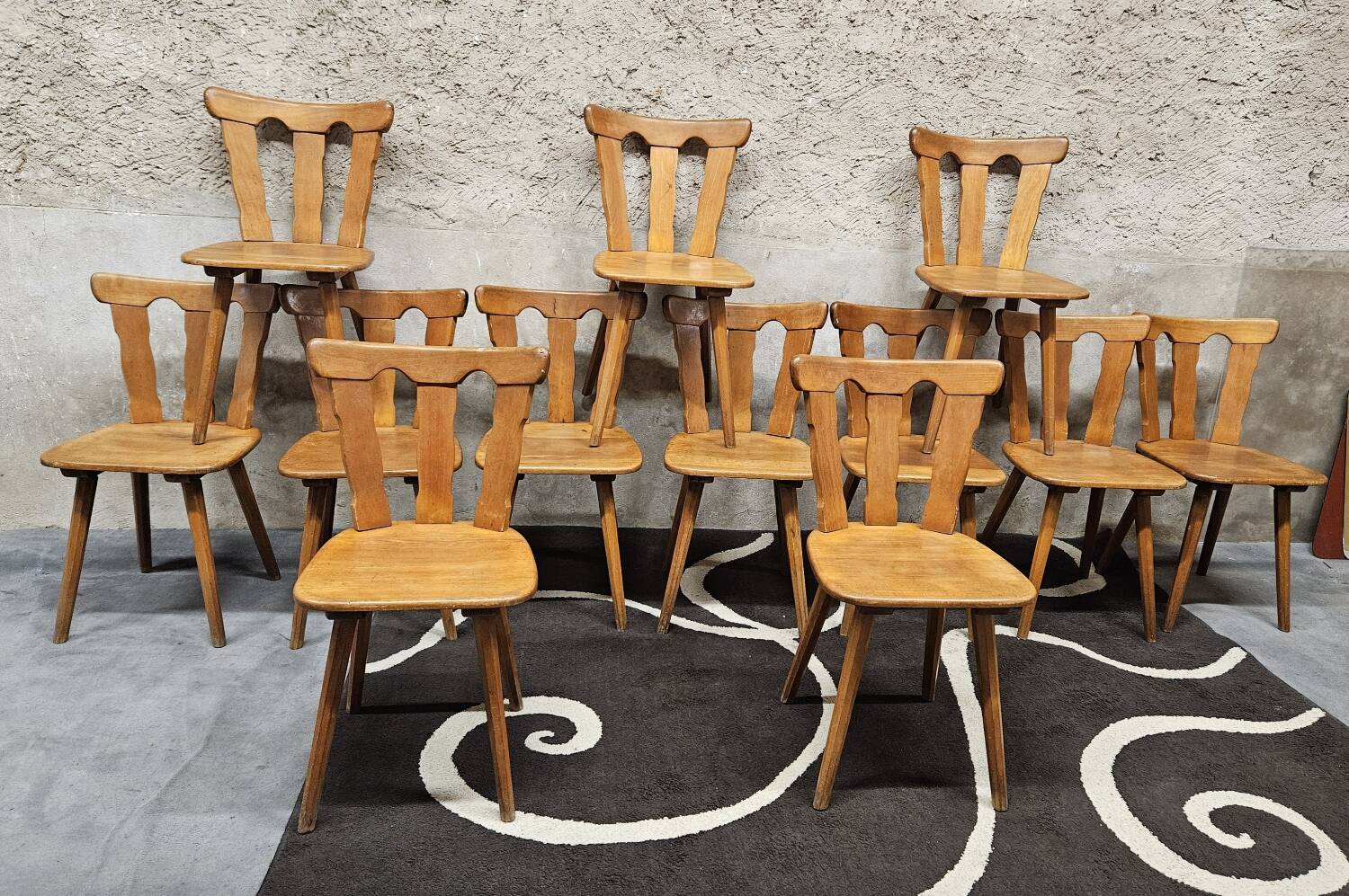 12 wooden bistro chairs, 1970