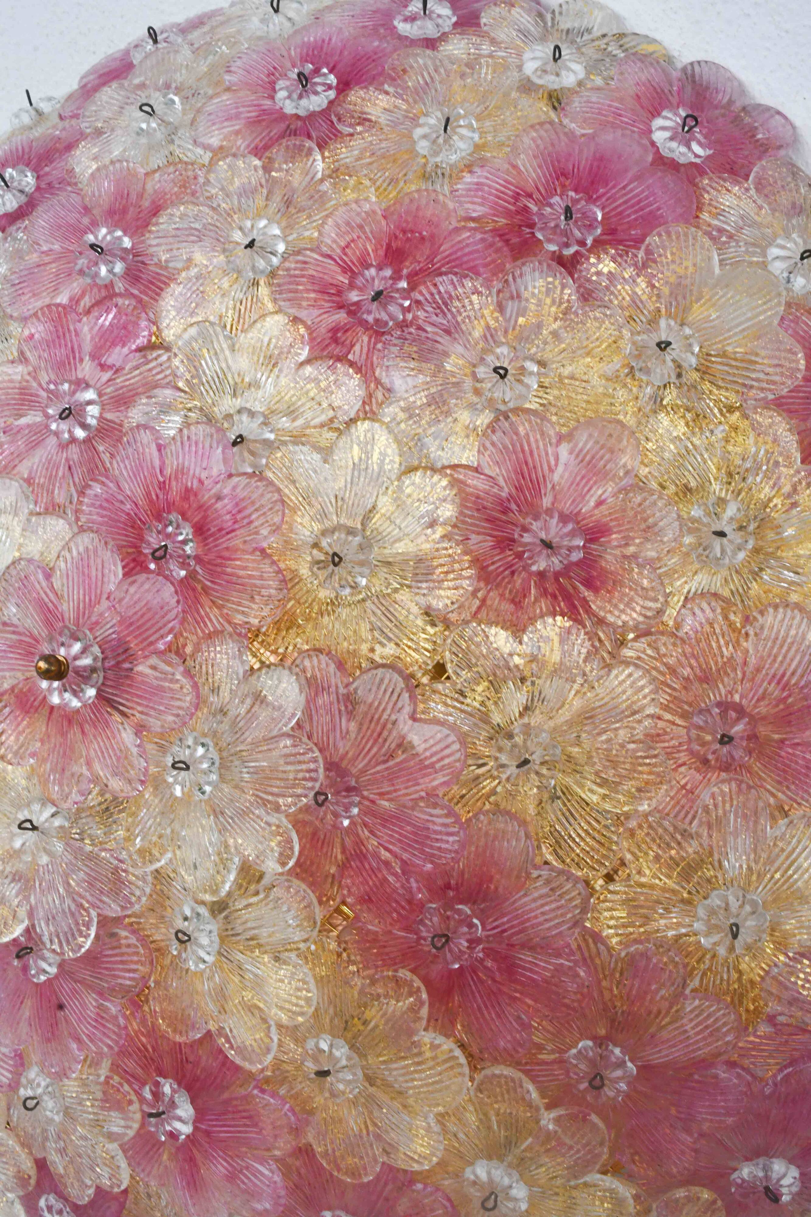 Amazing Pink and Gold Large Size Murano Ceiling Light Flower by Seguso