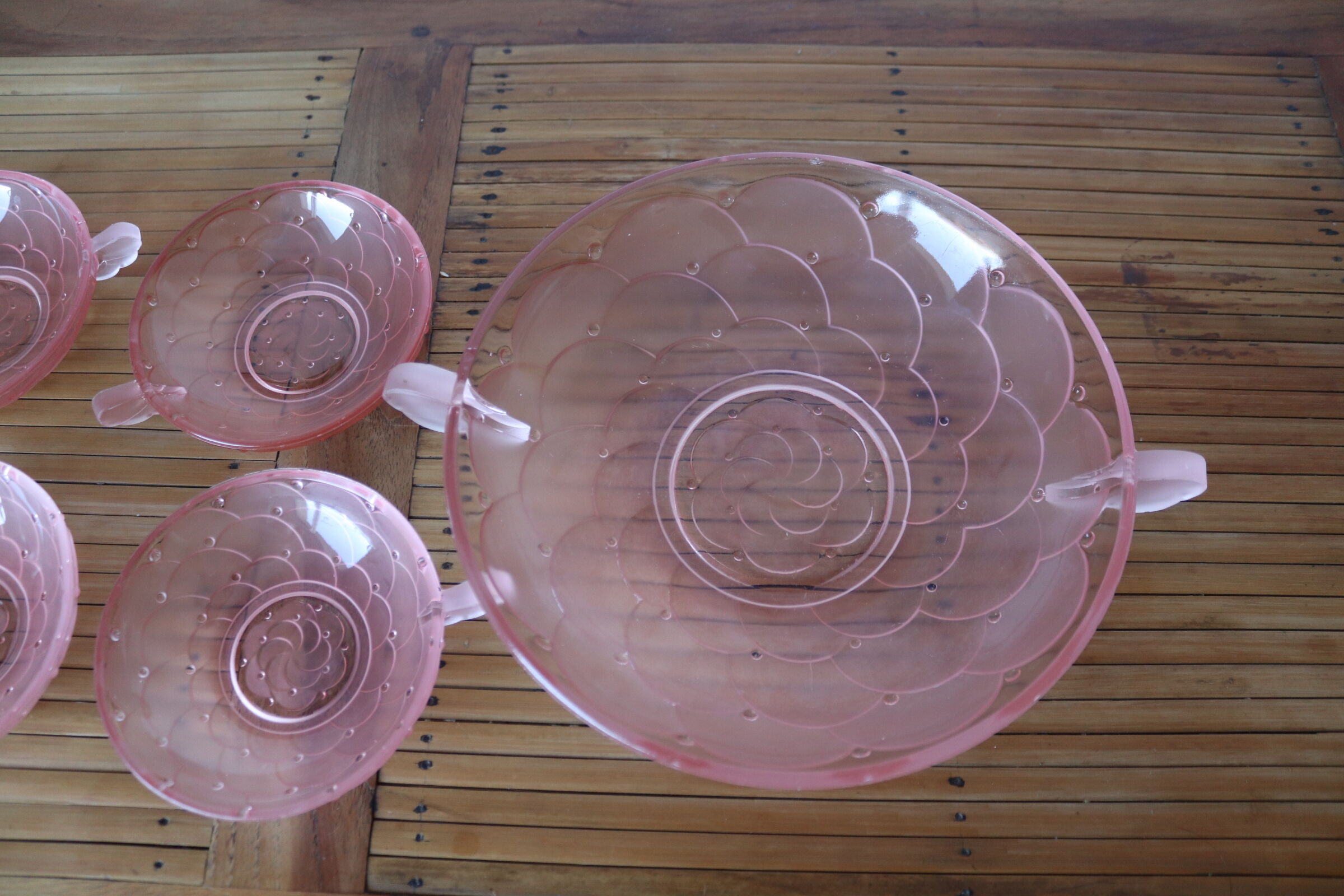 Set of 6 art deco pink molded glass ramekins