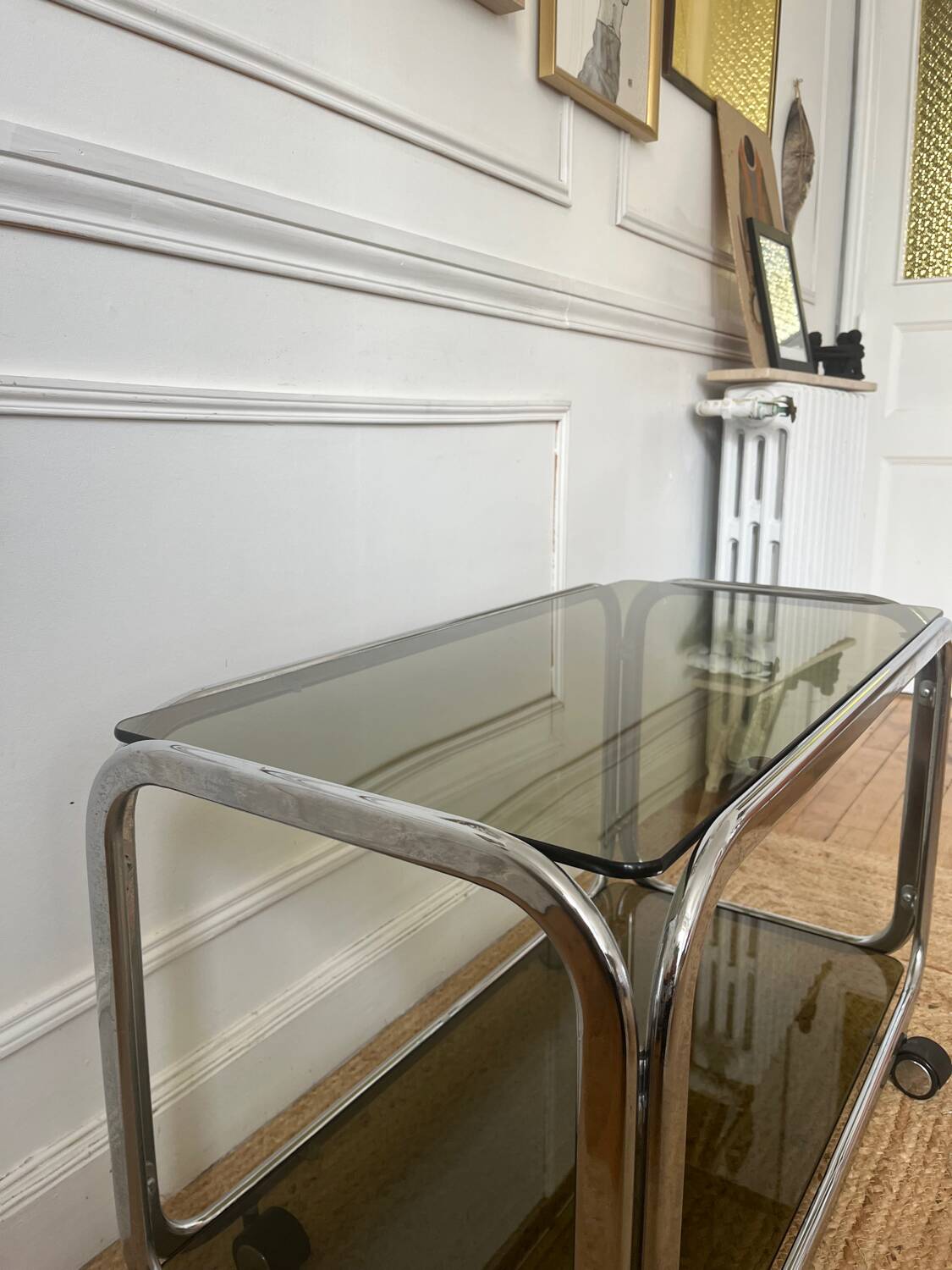 Rolling serving cart in chromed steel and smoked glass, 70s design