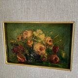 Huile nature morte, cadre bois vitré