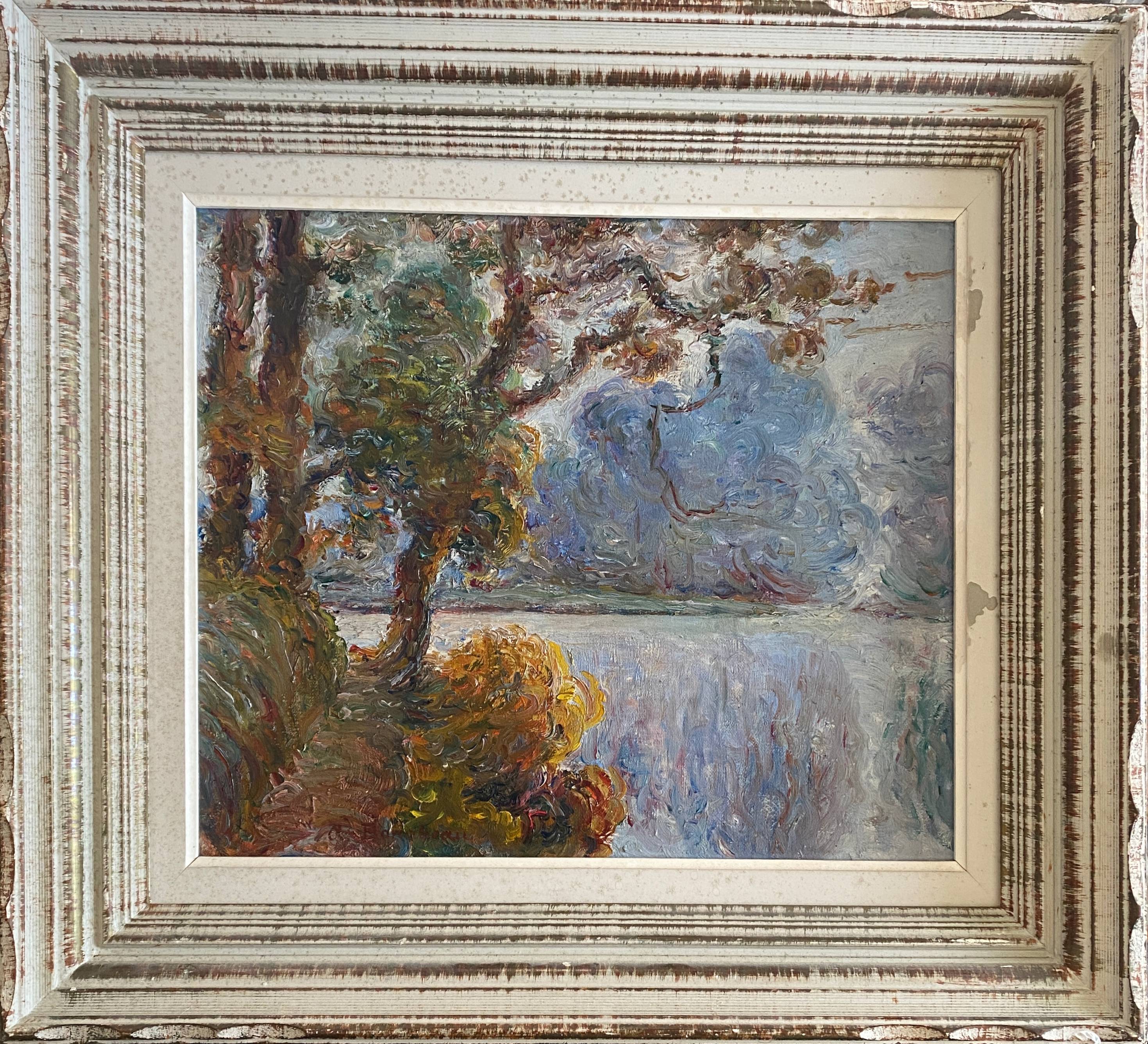 Painting by A. Bonabeau "Wooded riverside" HST, frame circa 1950