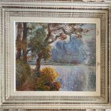 Painting by A. Bonabeau "Wooded riverside" HST, frame circa 1950