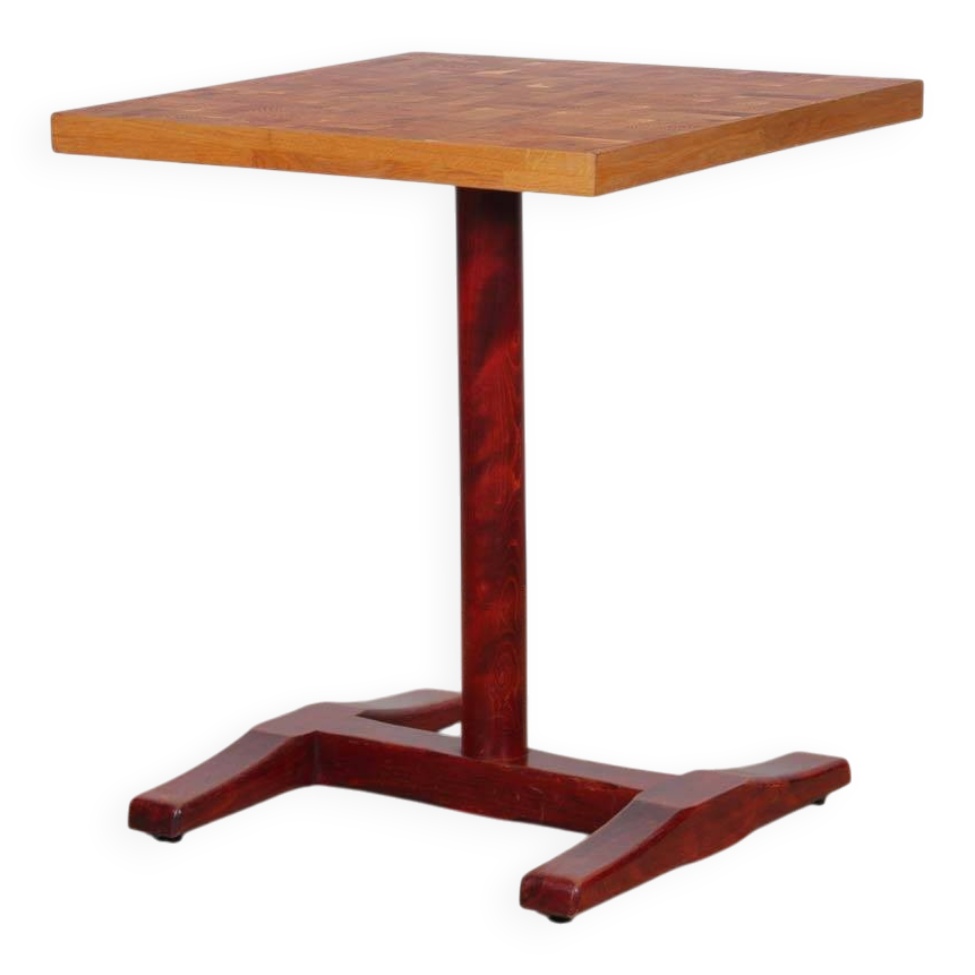 Square wooden dining table with a pedestal from the 1980s.