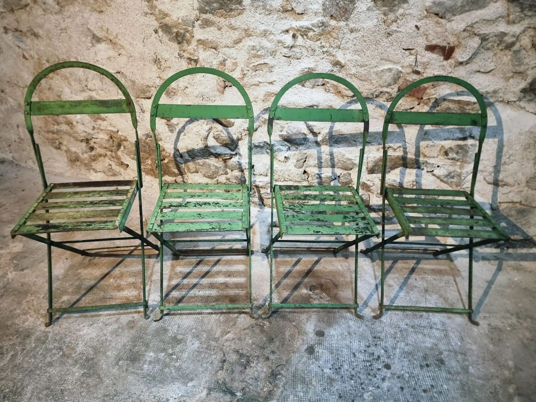 Set of 4 Antique Iron Folding Garden Chairs - 1920s Riveted Bistro Chairs with Aged Green Patina