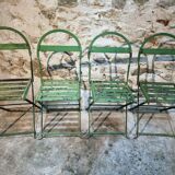 Set of 4 Antique Iron Folding Garden Chairs - 1920s Riveted Bistro Chairs with Aged Green Patina