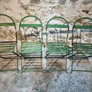 Set of 4 Antique Iron Folding Garden Chairs - 1920s Riveted Bistro Chairs with Aged Green Patina