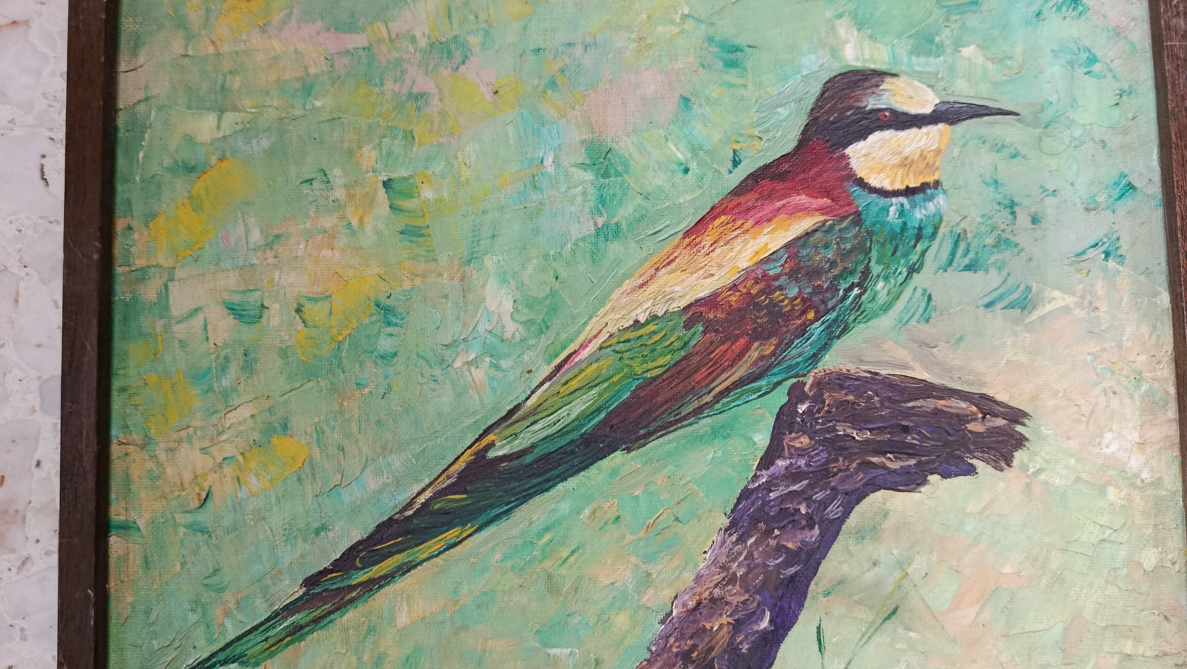 Oil on canvas european bee-eater bird, catalan painter m. rosem gispert