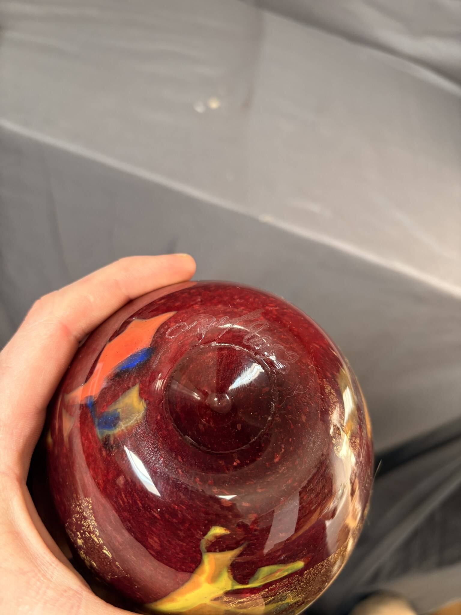 Vase Pot Paste Glass Blown Red Orange Lacquered Marbled Signed Dated Art Deco