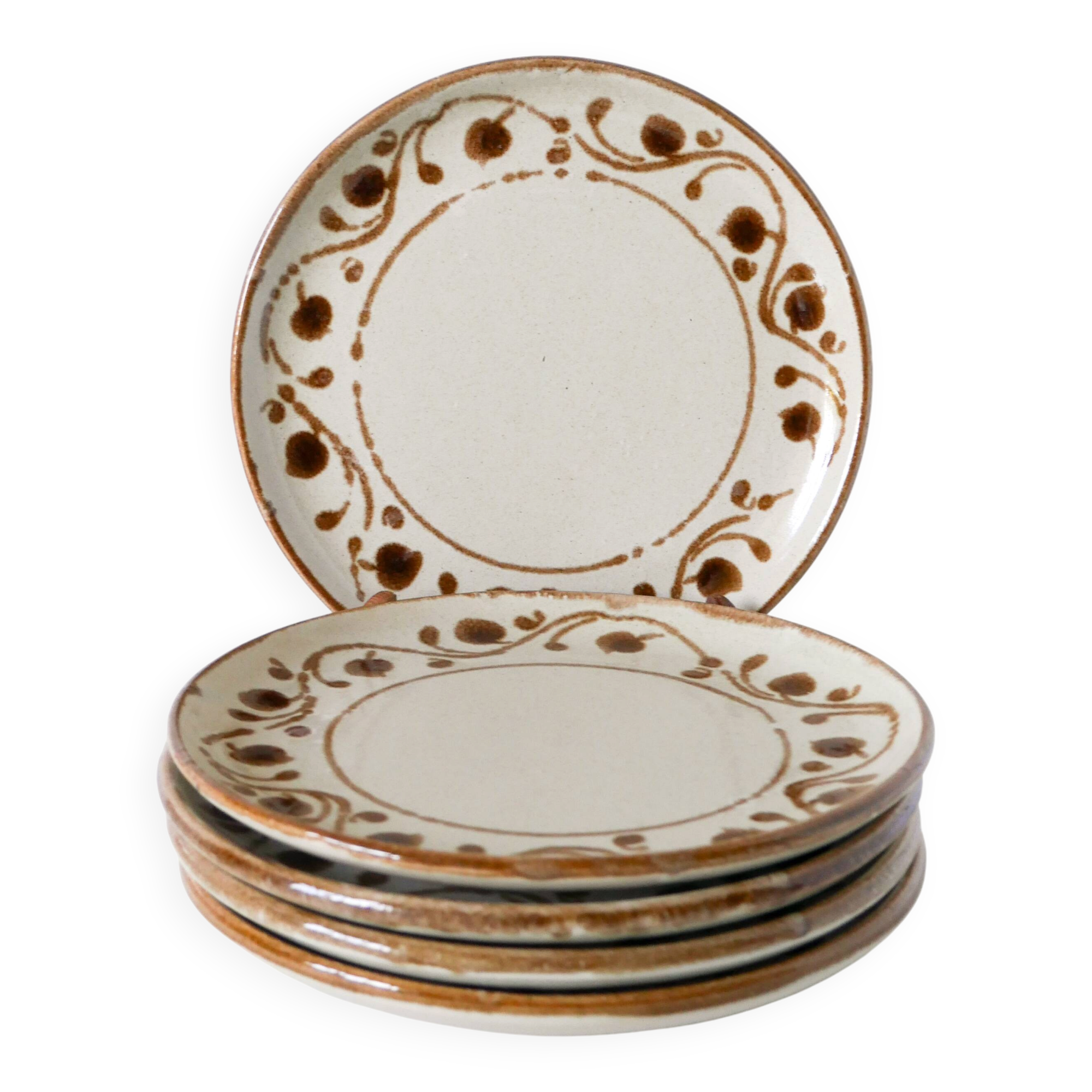 Set of 5 stoneware dessert plates with patterns, 1970.