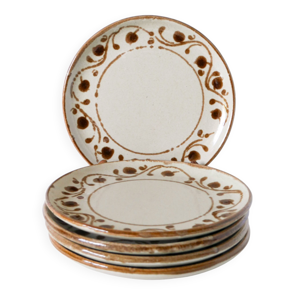 Lot de 5 assiettes à dessert en grès, avec motifs, 1970