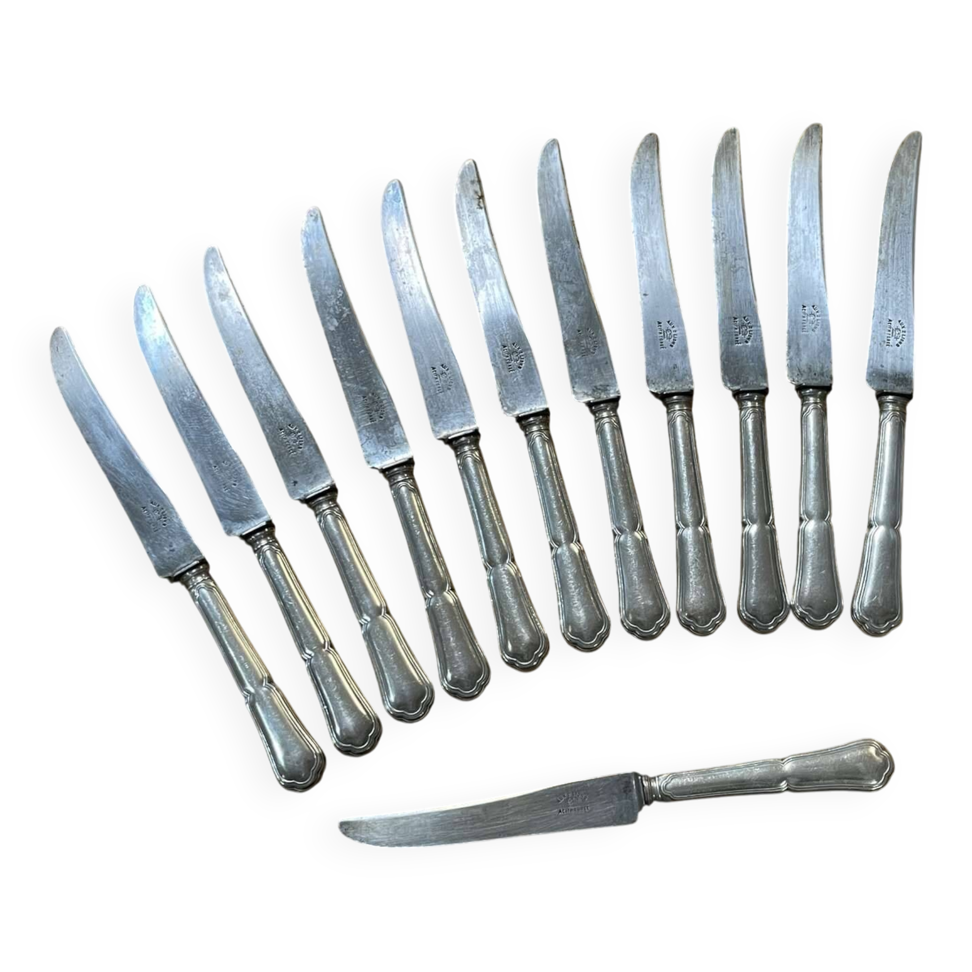 Set of 12 silver-plated metal knives with steel blades from the early 20th century