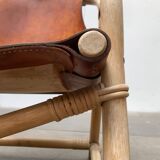 Mid-century safari lounge chair in bamboo and Danish leather, 1960s.