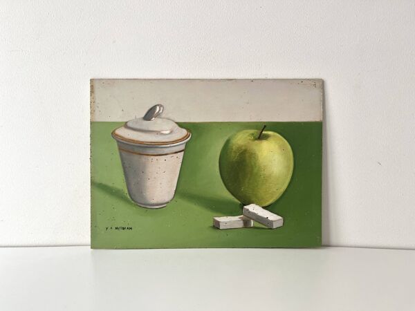 Tableau nature morte ''la pomme et le sucrier'' signé Yves Millecam vintage