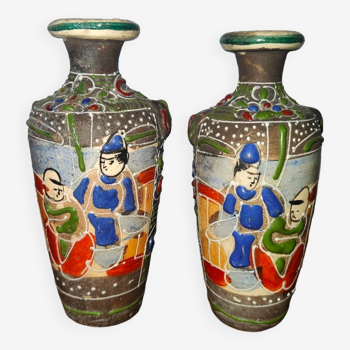 2 Old enamelled satsuma vases XIXth handmade miniatures