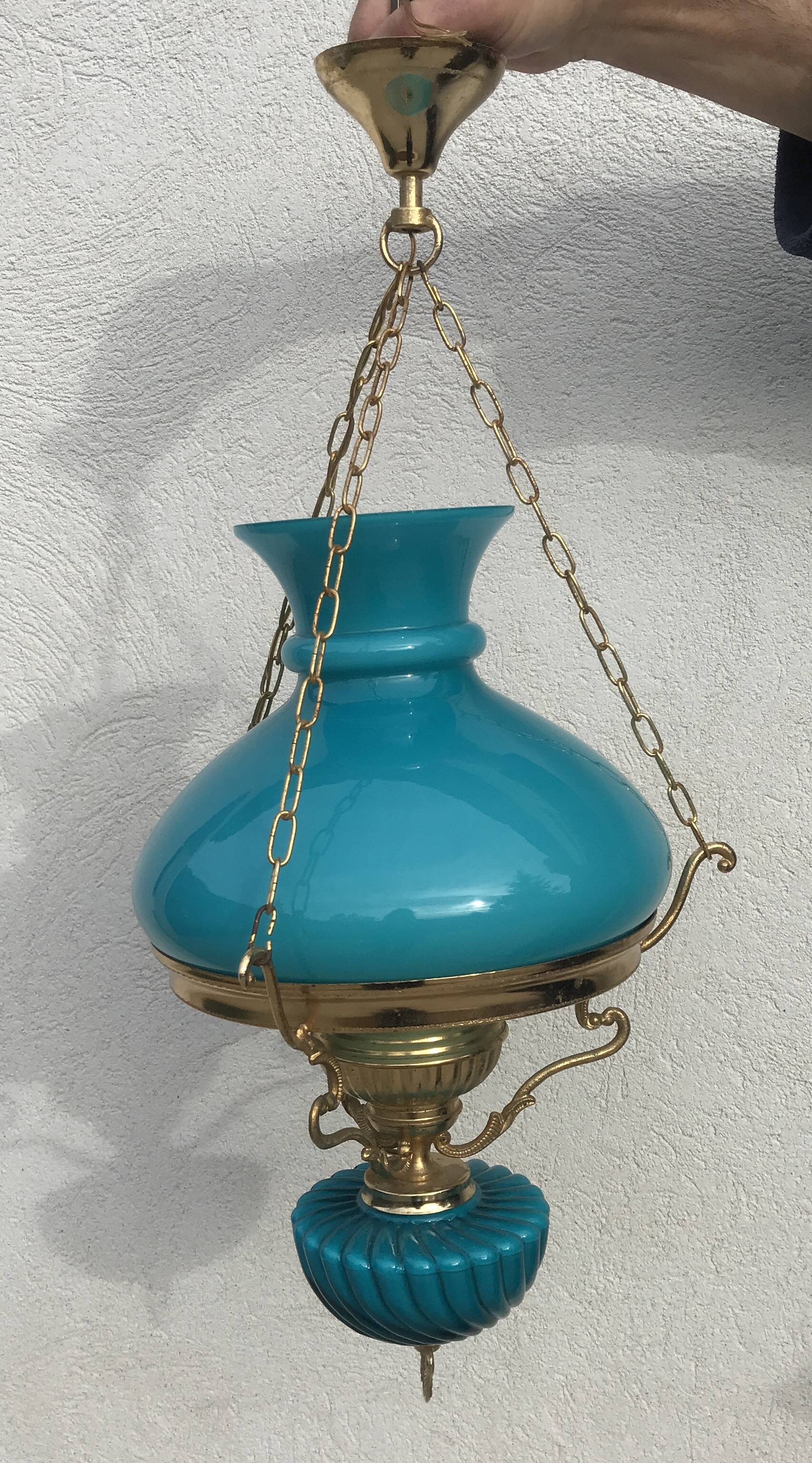 Pendant light in turquoise green opaline & brass