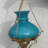 Pendant light in turquoise green opaline & brass