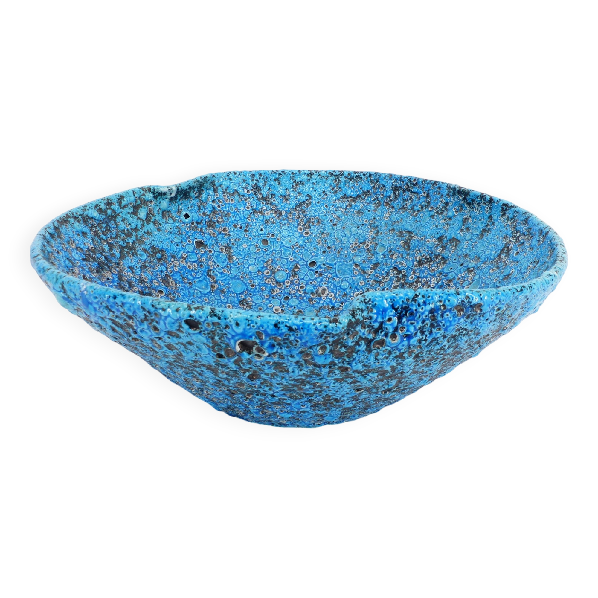 Ceramic fruit bowl with turquoise blue sea foam enamels, 1950