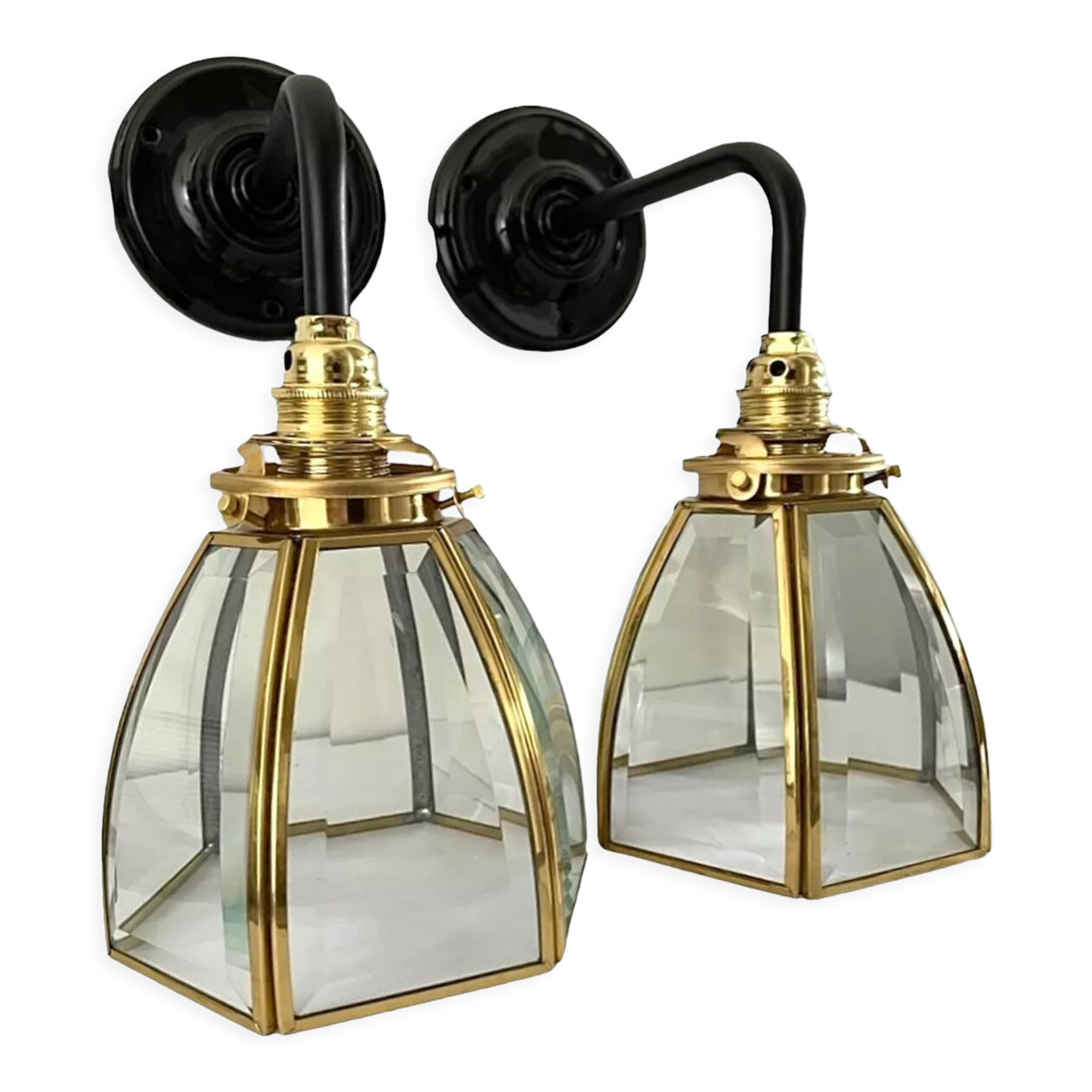 Pair of vintage glass and brass sconces electrified to nine