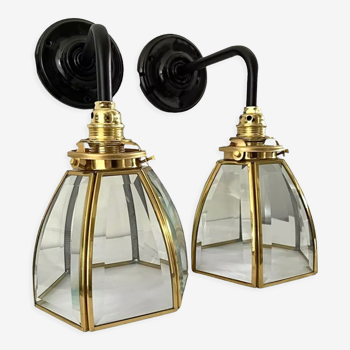 Pair of vintage glass and brass sconces electrified to nine