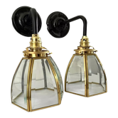 Pair of vintage glass and brass sconces electrified to nine