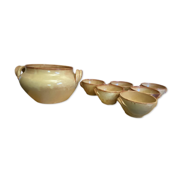 Soupière et 6 bols anciens Vallauris en céramique beige, années 50
