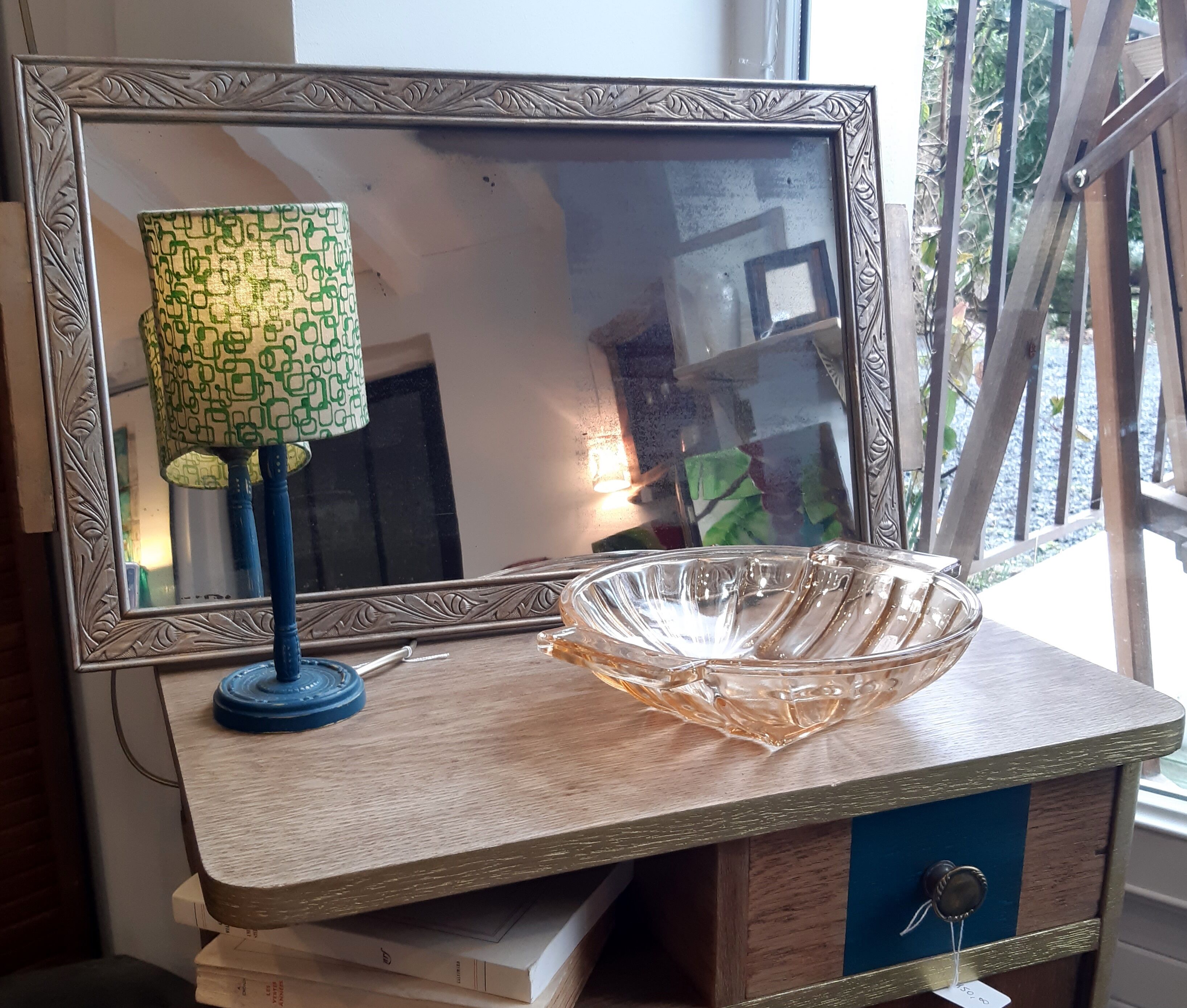 Mirror, wood and plaster, art deco, pale gold and silver patina, rectangular