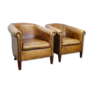 Set de 2 fauteuils club vintage en cuir cognac Pays-Bas