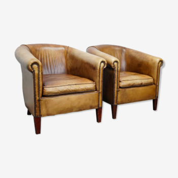 Set of 2 vintage club armchairs in cognac leather Netherlands