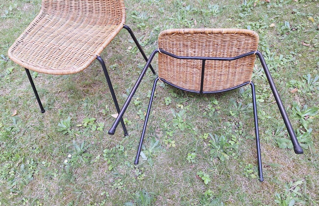 Pair of Legler rattan and iron dining / stacking chairs, Switzerland 1960s