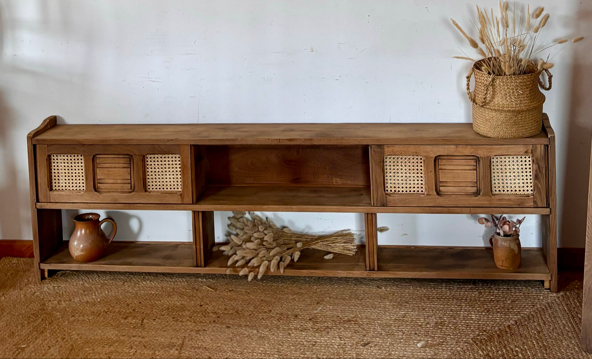 Vintage oak sideboard TV unit with raw finish and caning.