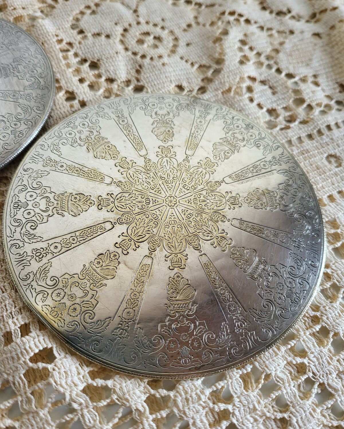 Set of 2 Silver-Plated Metal Coasters for Carafes or Bottles, Swedish