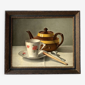 Still life with teapot and cup signed L. Girbal 1944, oil on cardboard, vintage painting