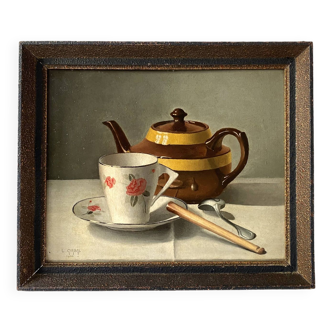 Nature morte à la théière et à la tasse signé L. Girbal 1944, huile sur carton, peinture vintage