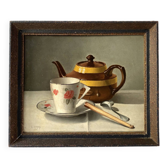 Still life with teapot and cup signed L. Girbal 1944, oil on cardboard, vintage painting