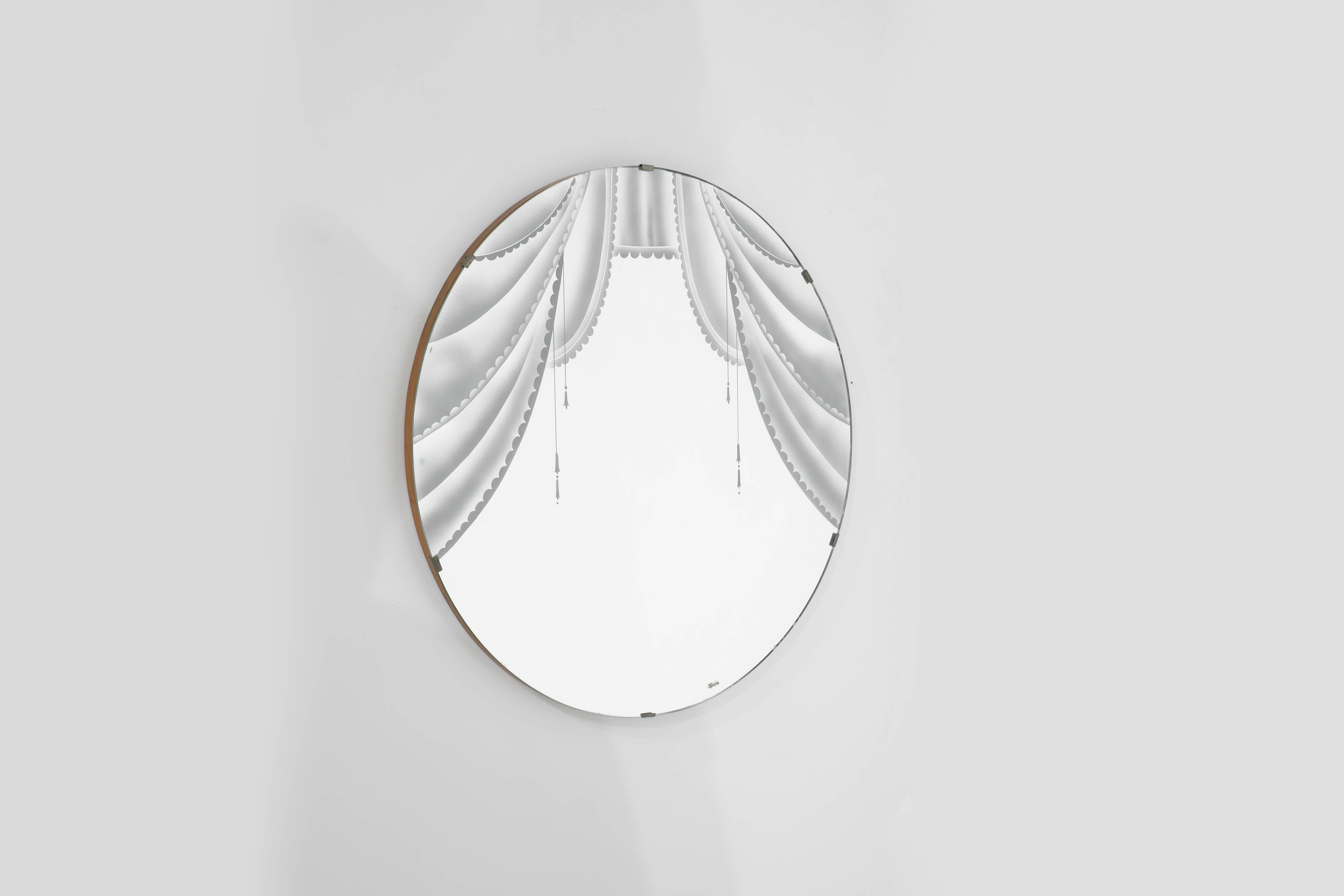 Large Vintage Mirror with silkscreen printing, from the 1950s.